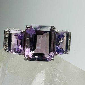 Large triple Amethyst ring with white topaz set in sterling silver